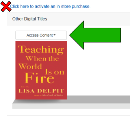 An eBook on the digital bookshelf on the Activate and Access eBooks page. An arrow points to the eBook cover.
